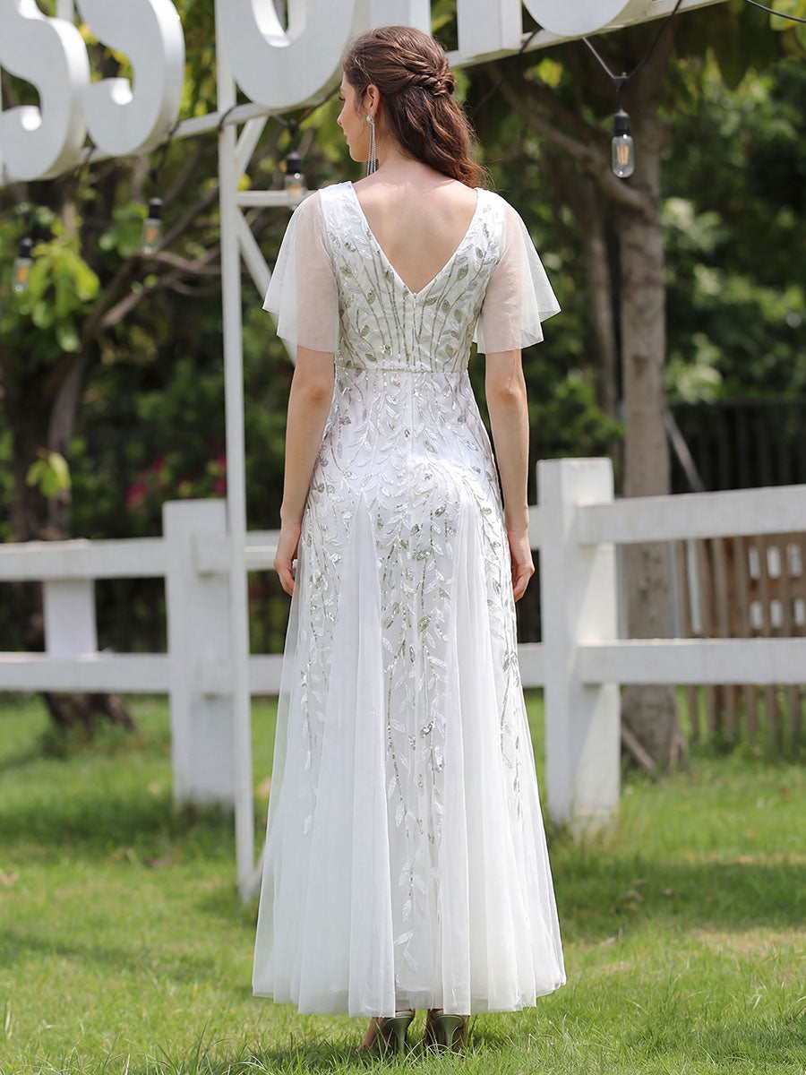 Color=White | One Stop Shop Short Sleeve Ruffle Sequin Deep V-Neck A-Line Floor Length Evening Dresses-White 16