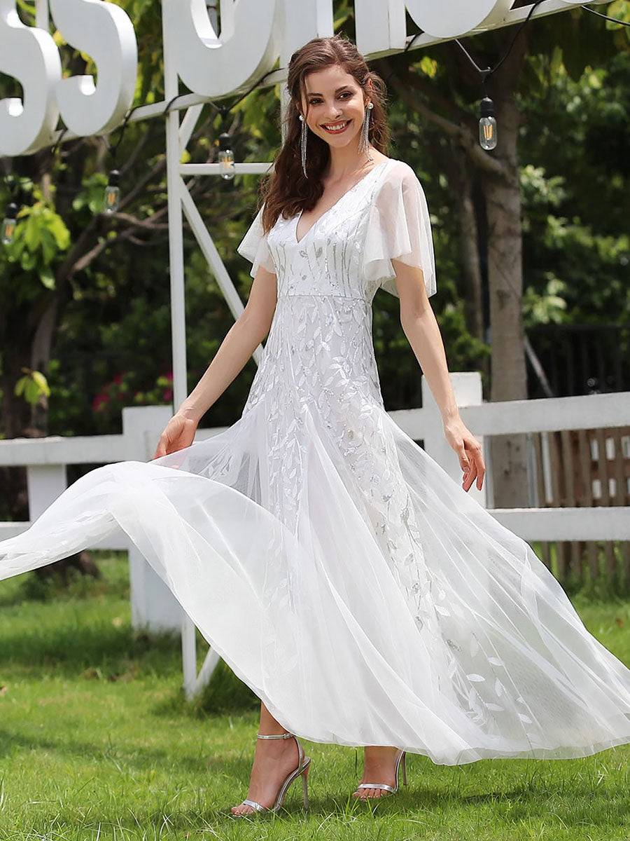Color=White | One Stop Shop Short Sleeve Ruffle Sequin Deep V-Neck A-Line Floor Length Evening Dresses-White 17