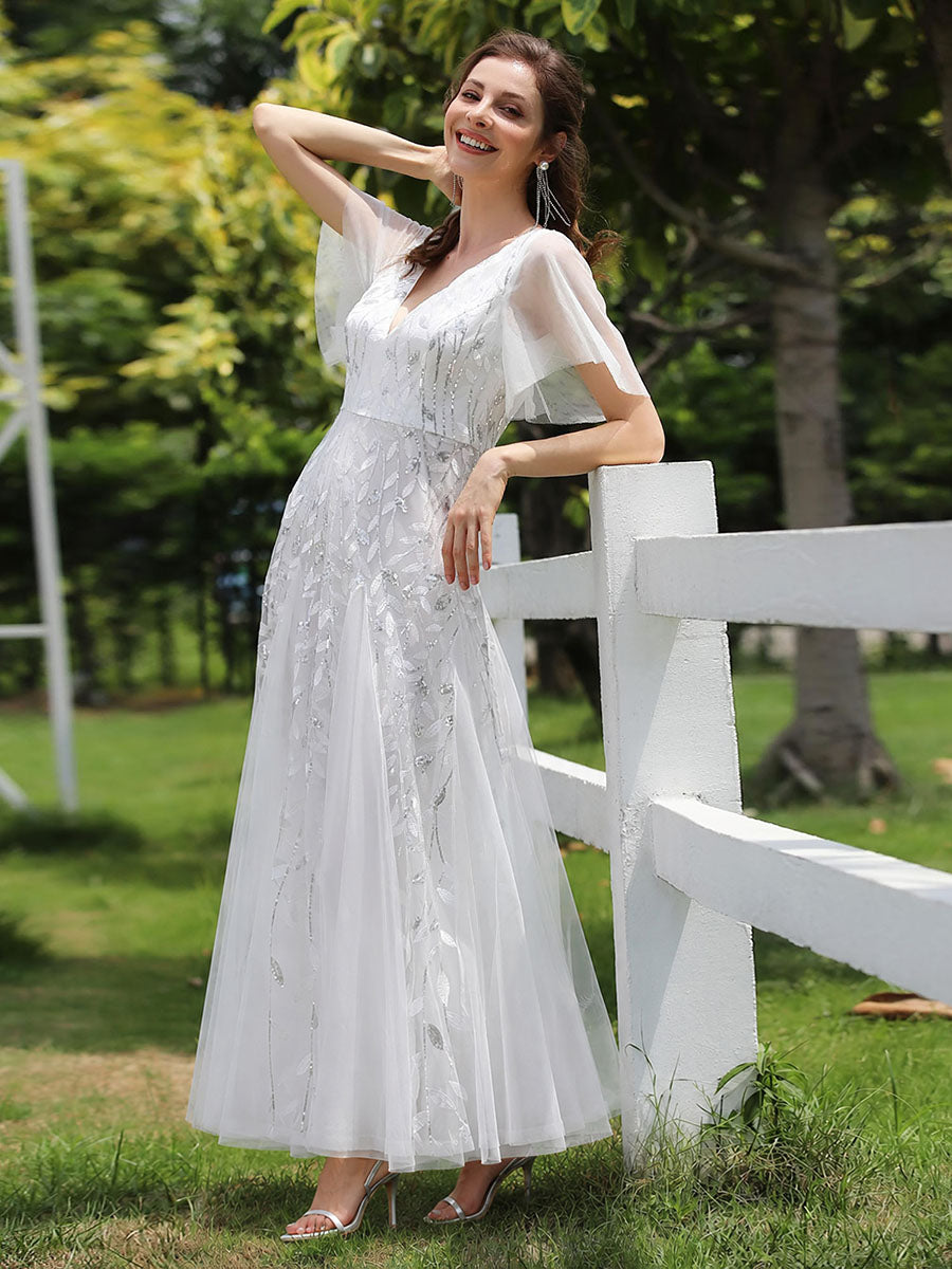 Color=White | One Stop Shop Short Sleeve Ruffle Sequin Deep V-Neck A-Line Floor Length Evening Dresses-White 18