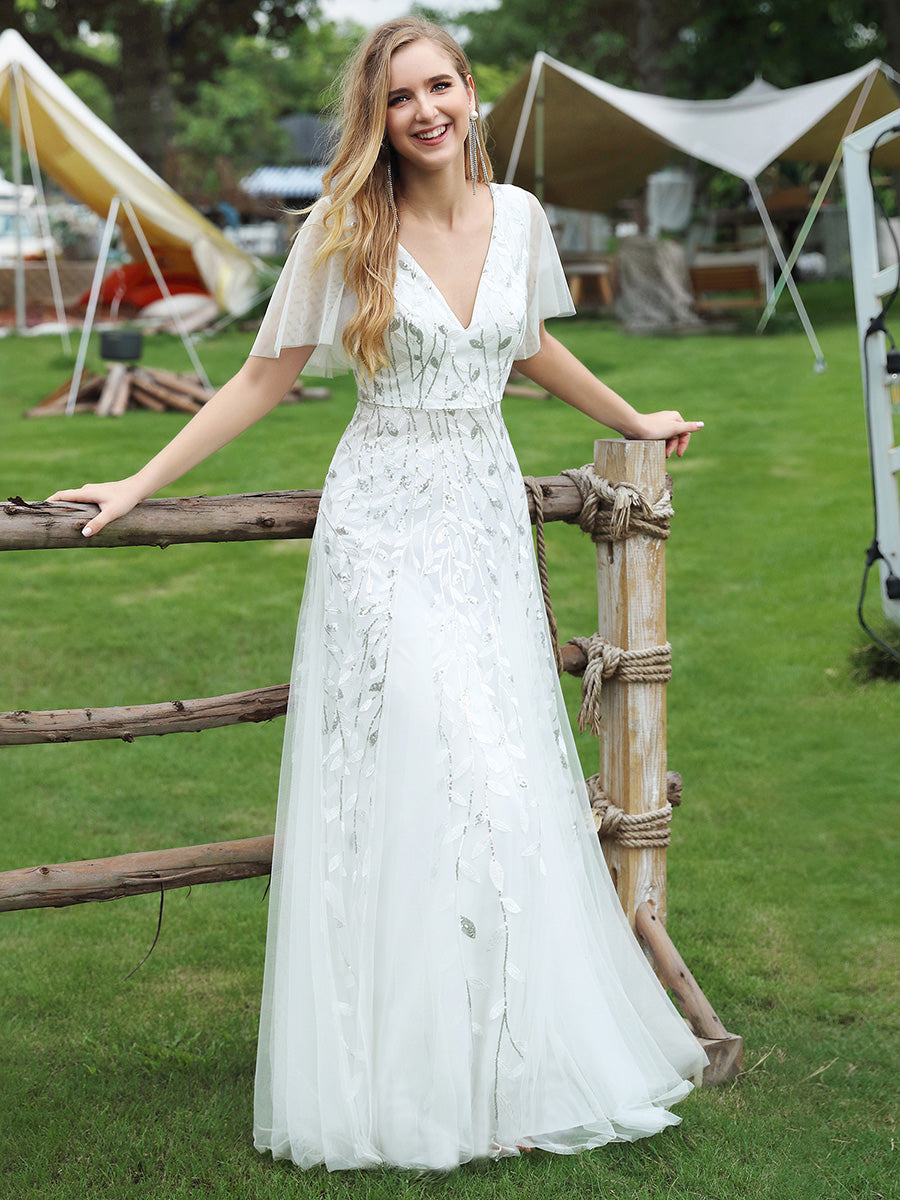 Color=White | One Stop Shop Short Sleeve Ruffle Sequin Deep V-Neck A-Line Floor Length Evening Dresses-White 125