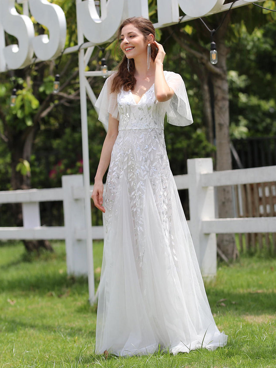 Color=White | One Stop Shop Short Sleeve Ruffle Sequin Deep V-Neck A-Line Floor Length Evening Dresses-White 6
