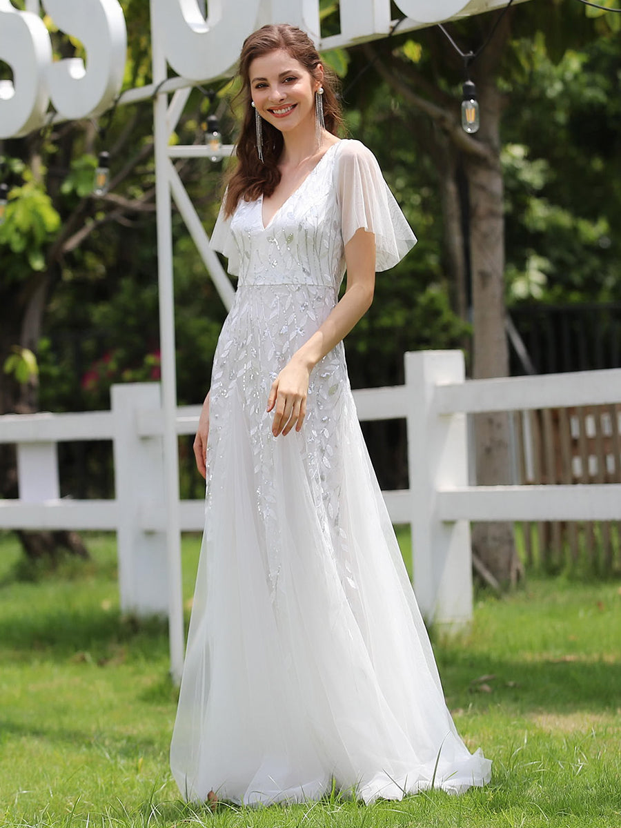 Color=White | One Stop Shop Short Sleeve Ruffle Sequin Deep V-Neck A-Line Floor Length Evening Dresses-White 9