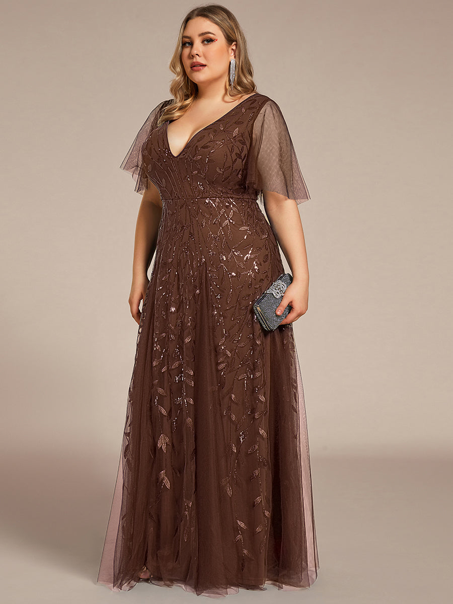 Color=Brown | Wholesale Pricing Short Sleeve Ruffle Sequin Deep V-Neck A-Line Floor Length Evening Dresses-Brown 9