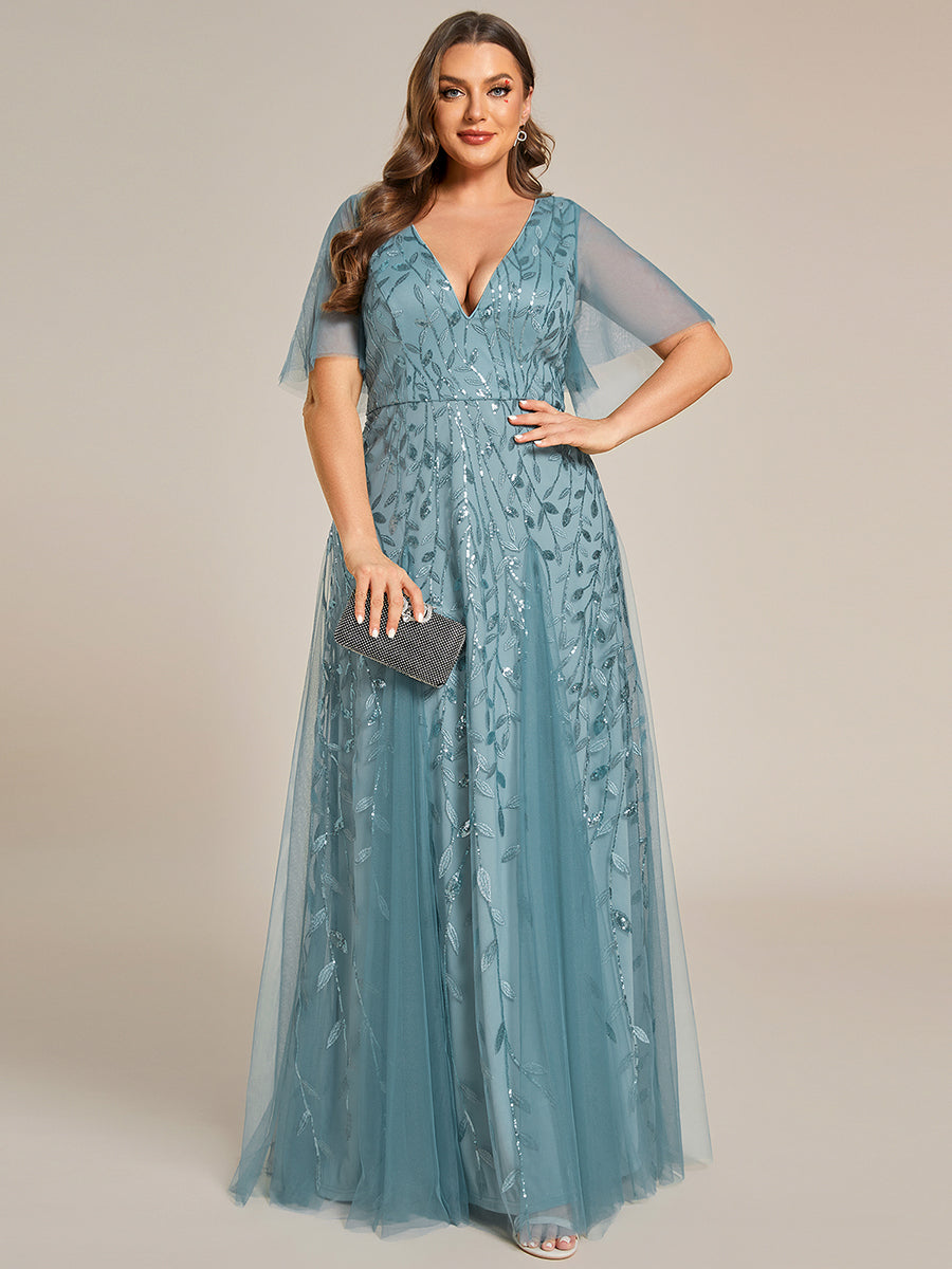 Color=Light Teal | Deep V Neck Wholesale Sequin Evening Gown With Short Sleeves-Dusty Blue
