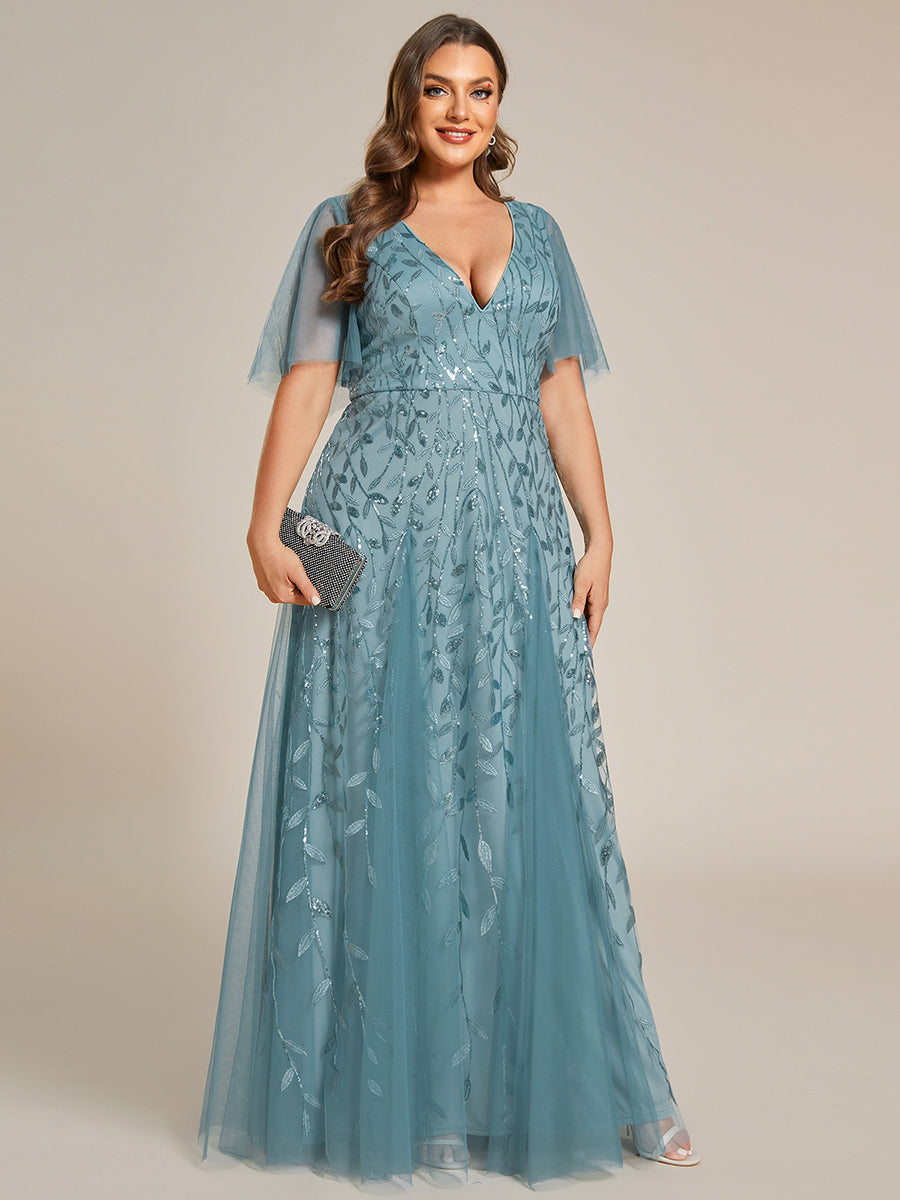 Color=Light Teal | Deep V Neck Wholesale Sequin Evening Gown With Short Sleeves-Dusty Blue