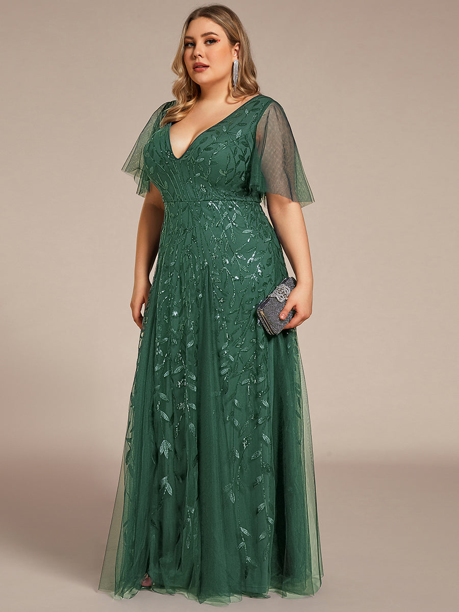 Color=Eucalyptus | Wholesale Pricing Short Sleeve Ruffle Sequin Deep V-Neck A-Line Floor Length Evening Dresses-Eucalyptus 19
