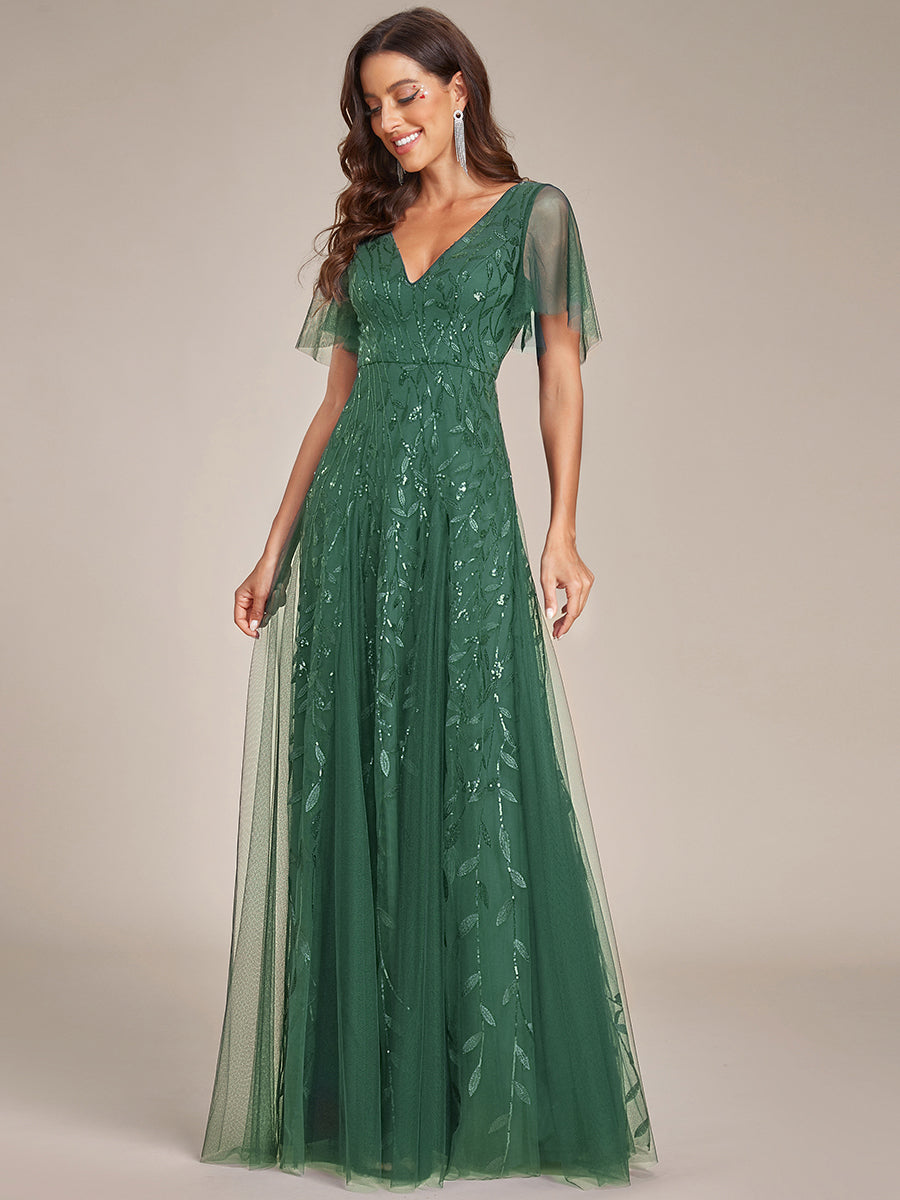 Color=Eucalyptus | Wholesale Pricing Short Sleeve Ruffle Sequin Deep V-Neck A-Line Floor Length Evening Dresses-Eucalyptus 11