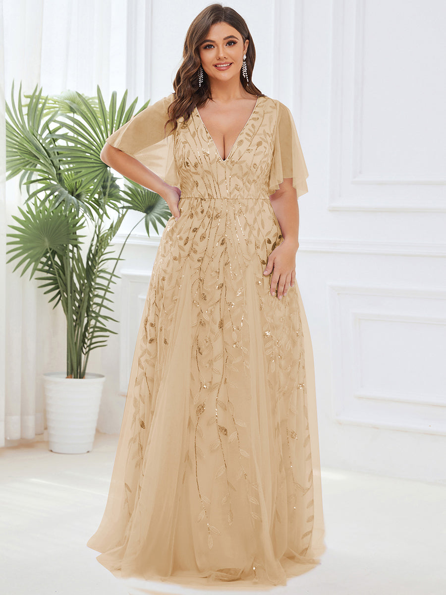 Color=Gold | Deep V Neck Wholesale Sequin Evening Gown With Short Sleeves-Gold