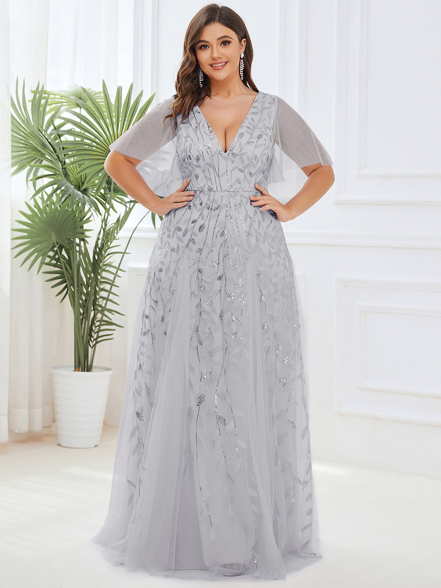 Color=Silver | Deep V Neck Wholesale Sequin Evening Gown With Short Sleeves-Silver