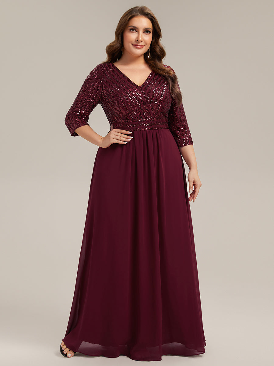 Color=Burgundy | B2B-Exclusive Half Sleeve V-Neck Sequin A-Line Floor Length Evening Dresses-Burgundy 6