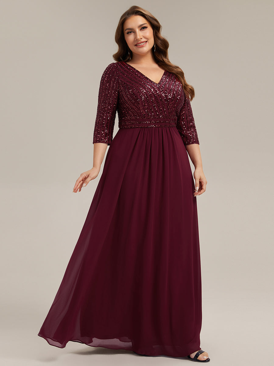 Color=Burgundy | B2B-Exclusive Half Sleeve V-Neck Sequin A-Line Floor Length Evening Dresses-Burgundy 9