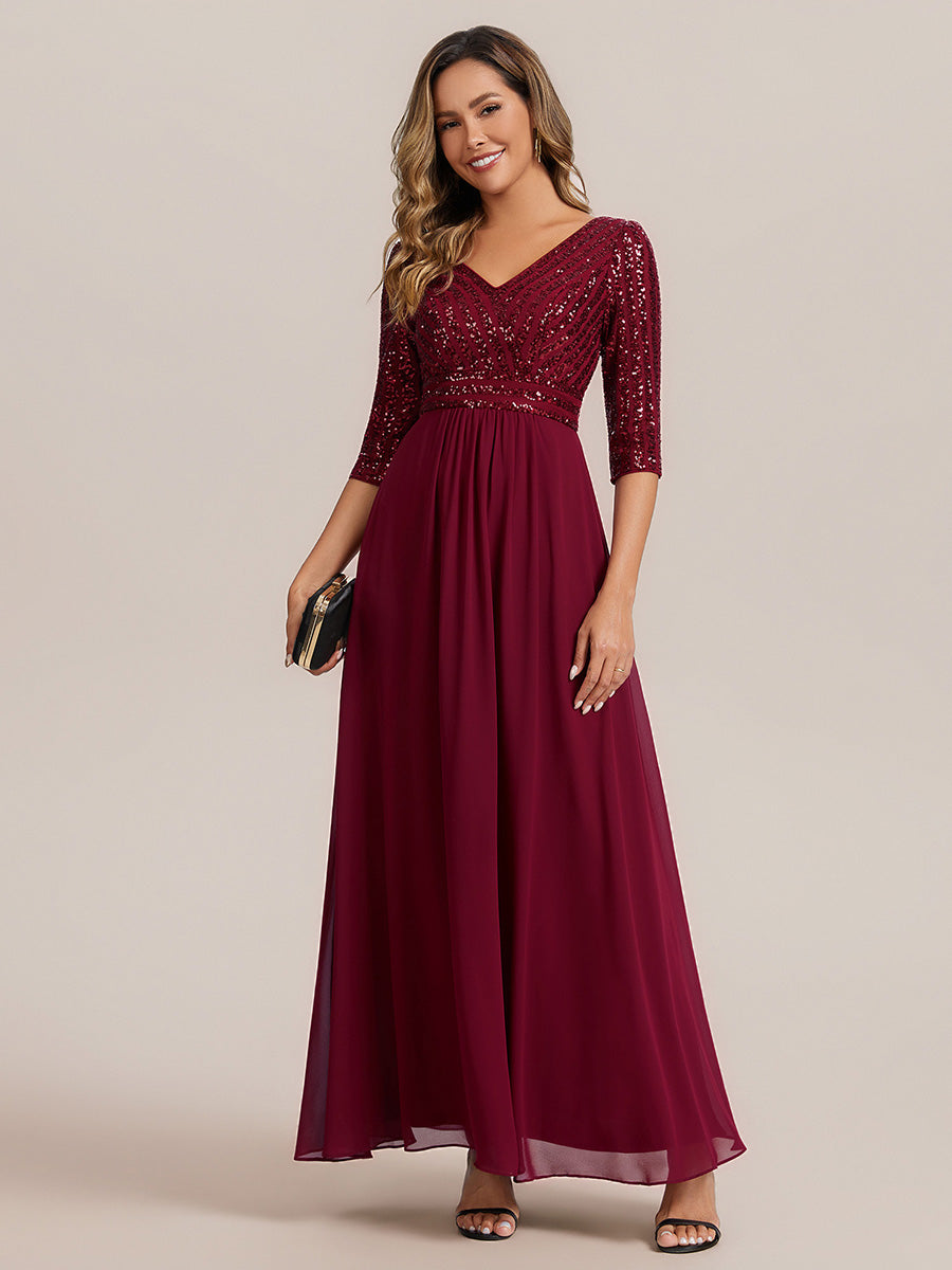 Color=Burgundy | B2B-Exclusive Half Sleeve V-Neck Sequin A-Line Floor Length Evening Dresses-Burgundy 5