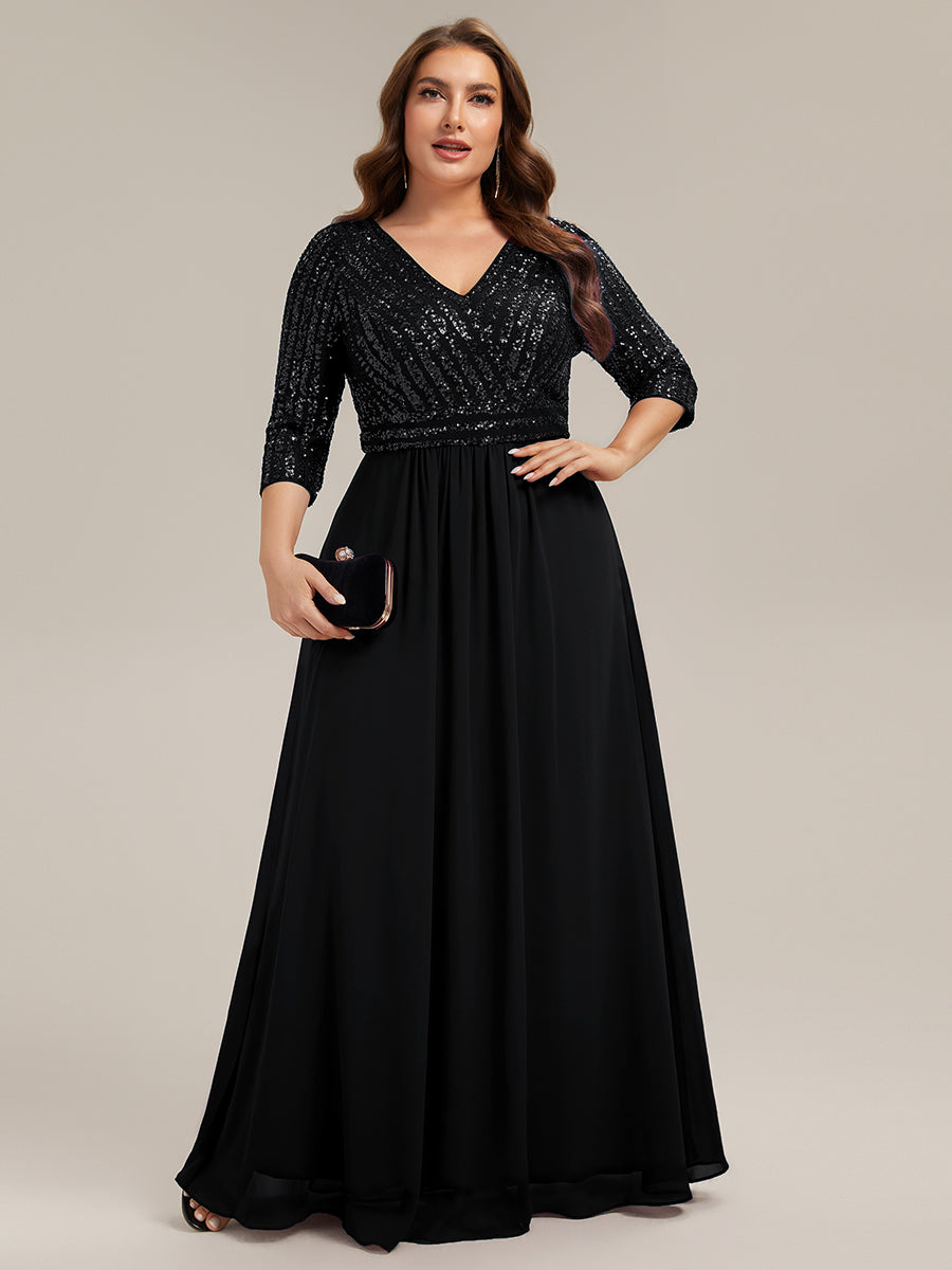 Color=Black | B2B-Exclusive Half Sleeve V-Neck Sequin A-Line Floor Length Evening Dresses-Black 20