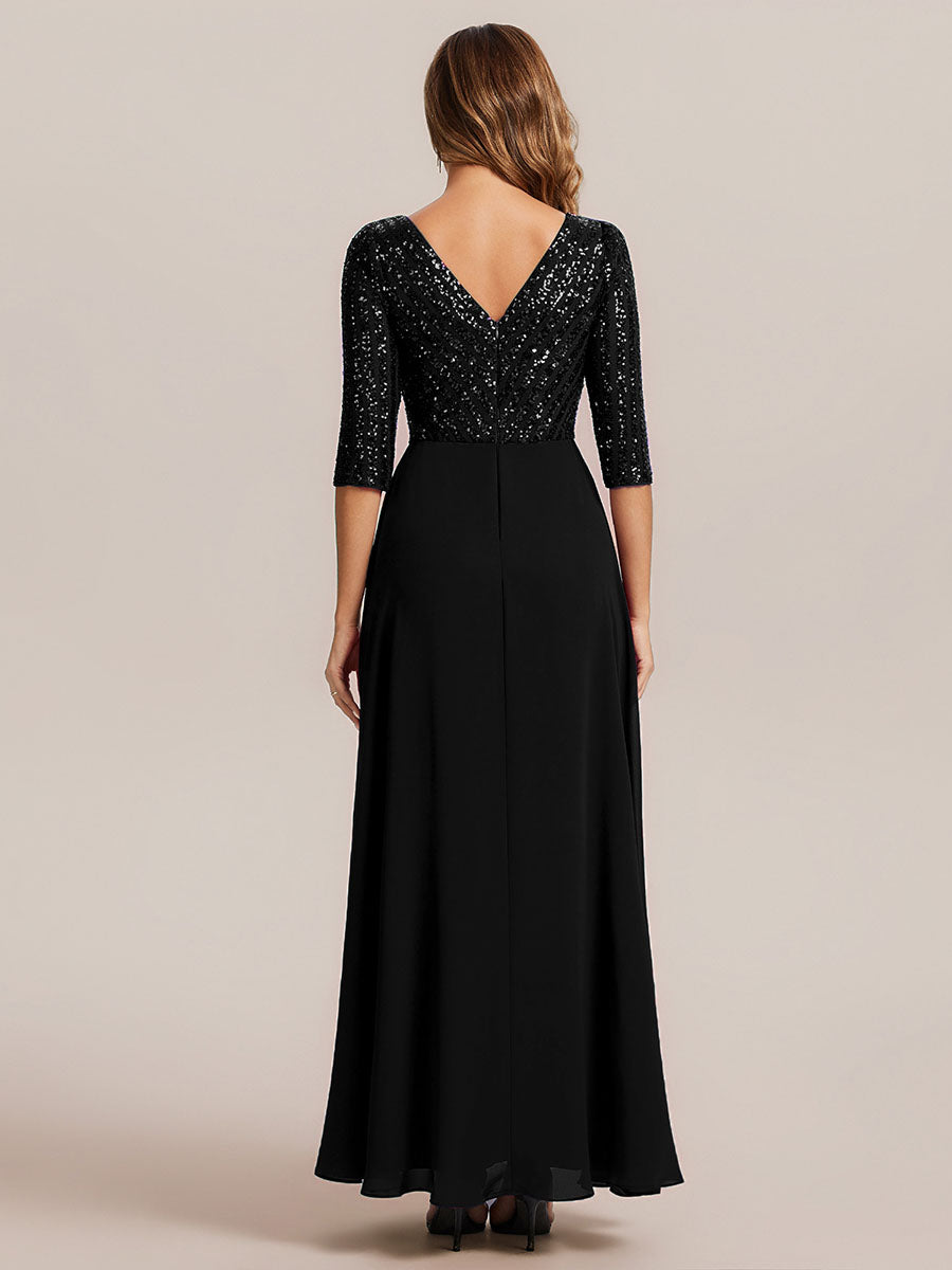 Color=Black | B2B-Exclusive Half Sleeve V-Neck Sequin A-Line Floor Length Evening Dresses-Black 12
