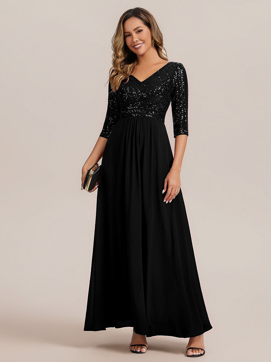 Color=Black | B2B-Exclusive Half Sleeve V-Neck Sequin A-Line Floor Length Evening Dresses-Black 15