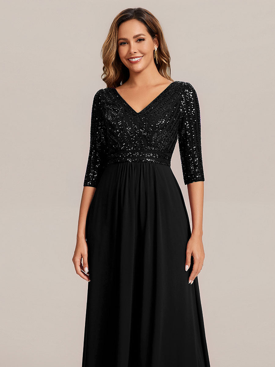 Color=Black | B2B-Exclusive Half Sleeve V-Neck Sequin A-Line Floor Length Evening Dresses-Black 13