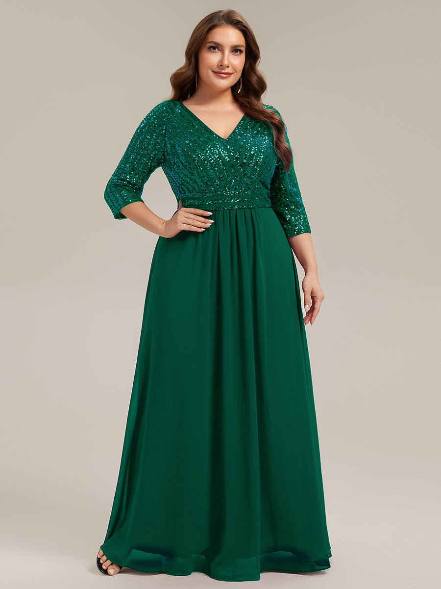 Color=Dark Green | B2B-Exclusive Half Sleeve V-Neck Sequin A-Line Floor Length Evening Dresses-Dark Green 26