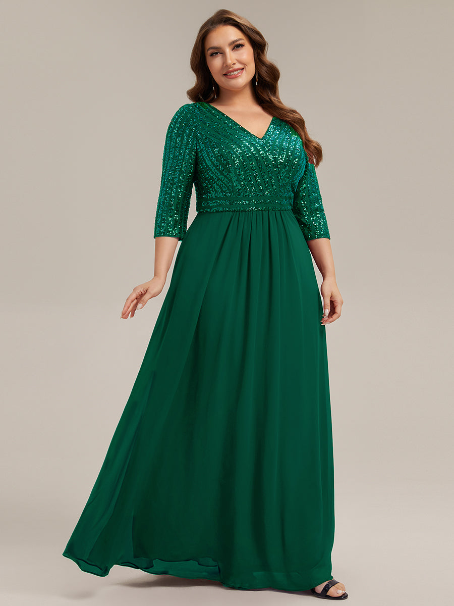 Color=Dark Green | B2B-Exclusive Half Sleeve V-Neck Sequin A-Line Floor Length Evening Dresses-Dark Green 29