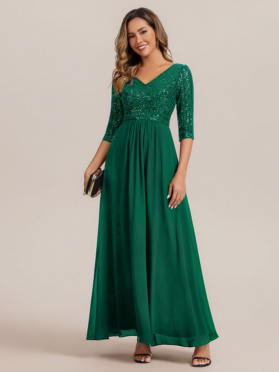 Color=Dark Green | B2B-Exclusive Half Sleeve V-Neck Sequin A-Line Floor Length Evening Dresses-Dark Green 25