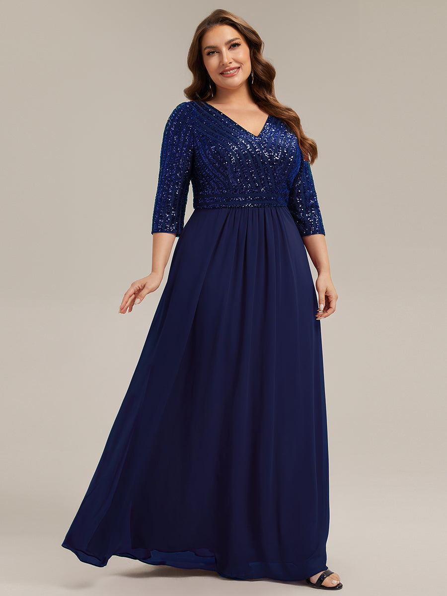 Color=Navy Blue | B2B-Exclusive Half Sleeve V-Neck Sequin A-Line Floor Length Evening Dresses-Navy Blue 39