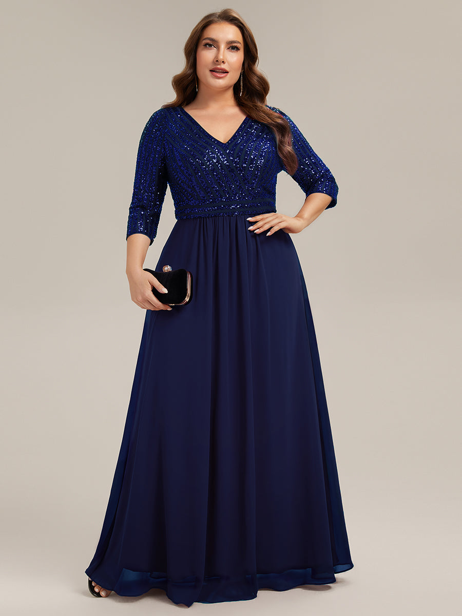 Color=Navy Blue | B2B-Exclusive Half Sleeve V-Neck Sequin A-Line Floor Length Evening Dresses-Navy Blue 40
