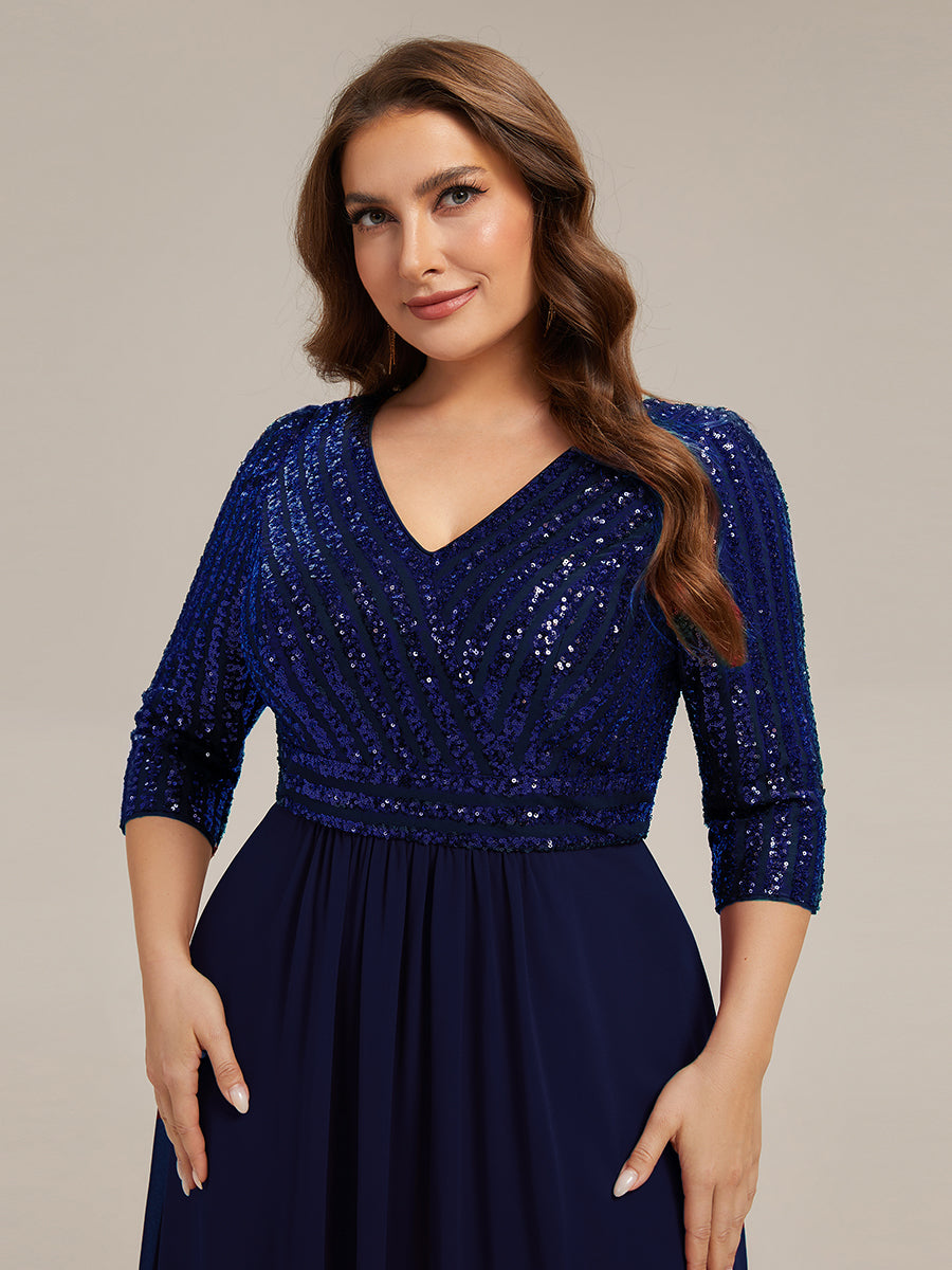 Color=Navy Blue | B2B-Exclusive Half Sleeve V-Neck Sequin A-Line Floor Length Evening Dresses-Navy Blue 38