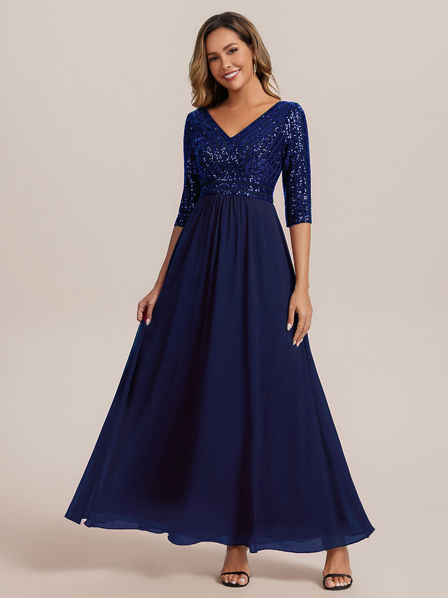 Color=Navy Blue | B2B-Exclusive Half Sleeve V-Neck Sequin A-Line Floor Length Evening Dresses-Navy Blue 31