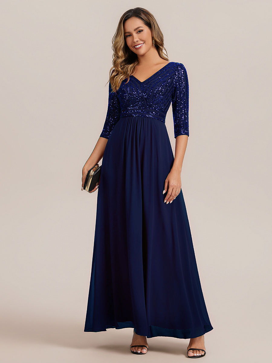 Color=Navy Blue | B2B-Exclusive Half Sleeve V-Neck Sequin A-Line Floor Length Evening Dresses-Navy Blue 35