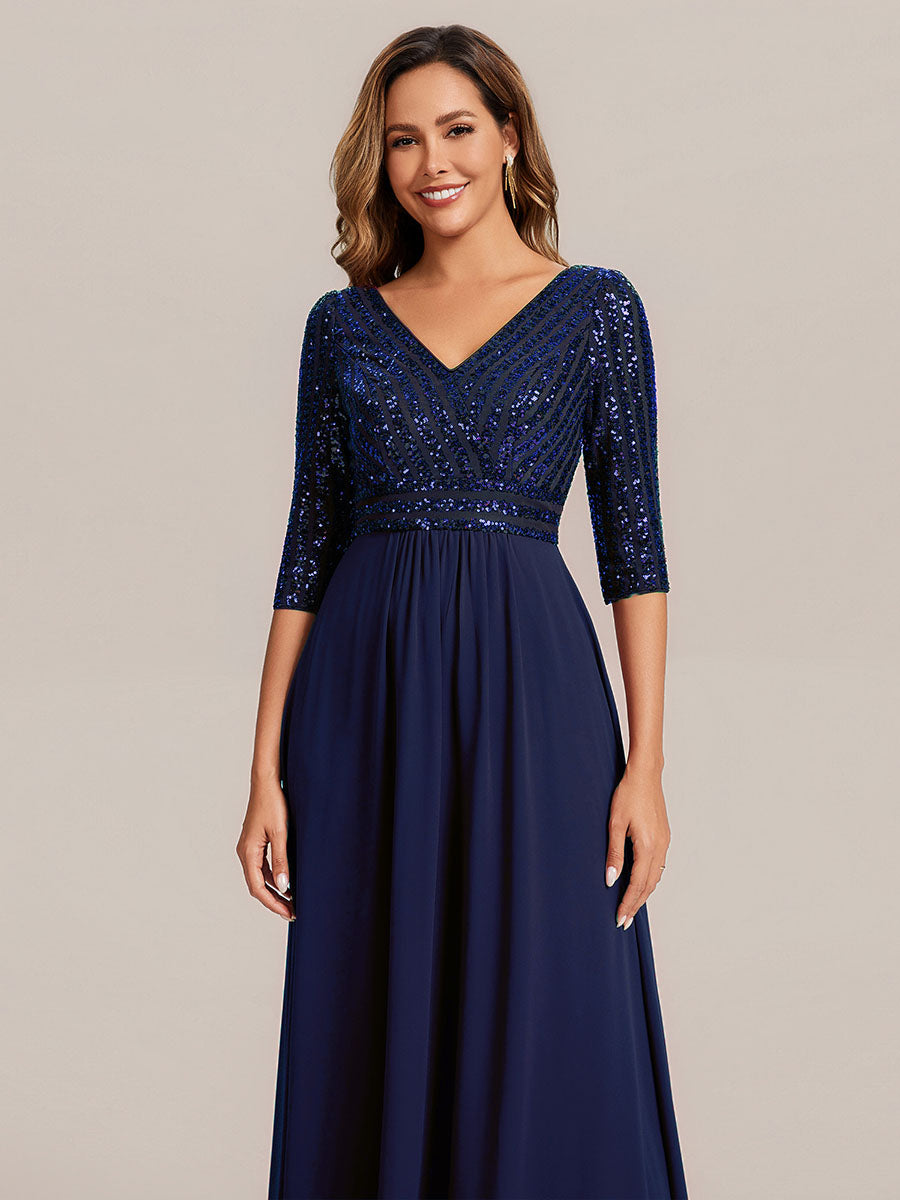 Color=Navy Blue | B2B-Exclusive Half Sleeve V-Neck Sequin A-Line Floor Length Evening Dresses-Navy Blue 33