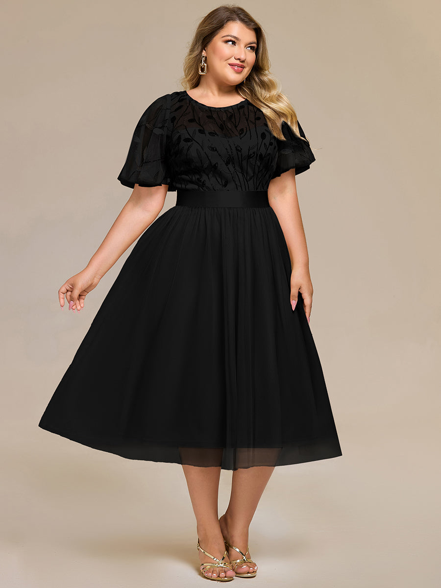 Color=Black | Bulk Order |Fit A-Line Deep V-Neck Evening Gown | Ruffled Short Sleeve Midi Dress-Black 5