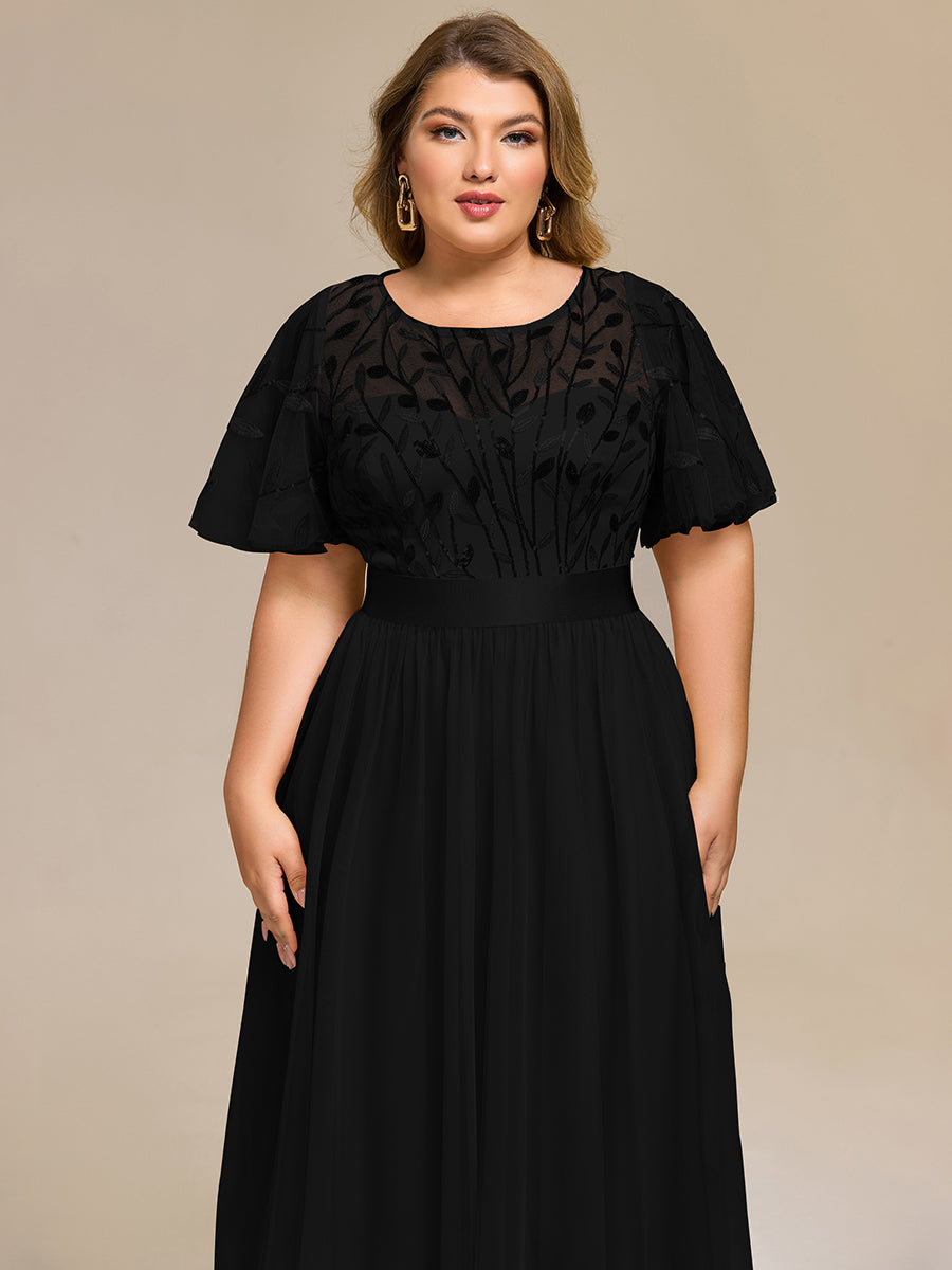 Color=Black | Bulk Order | Fit A-Line Deep V-Neck Evening Gown | Ruffled Short Sleeve Midi Dress-Black 3