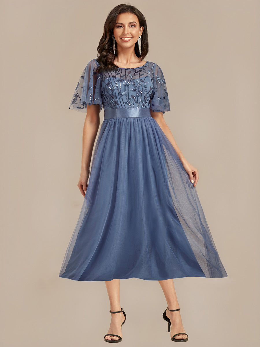 Color=Dusty Blue | Bulk Order |Fit A-Line Deep V-Neck Evening Gown | Ruffled Short Sleeve Midi Dress-Dusty Blue 6