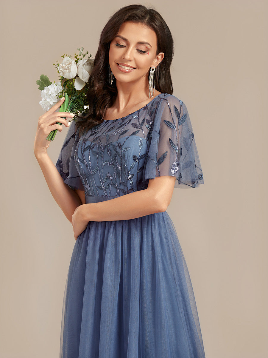 Color=Dusty Blue | Bulk Order |Fit A-Line Deep V-Neck Evening Gown | Ruffled Short Sleeve Midi Dress-Dusty Blue 8