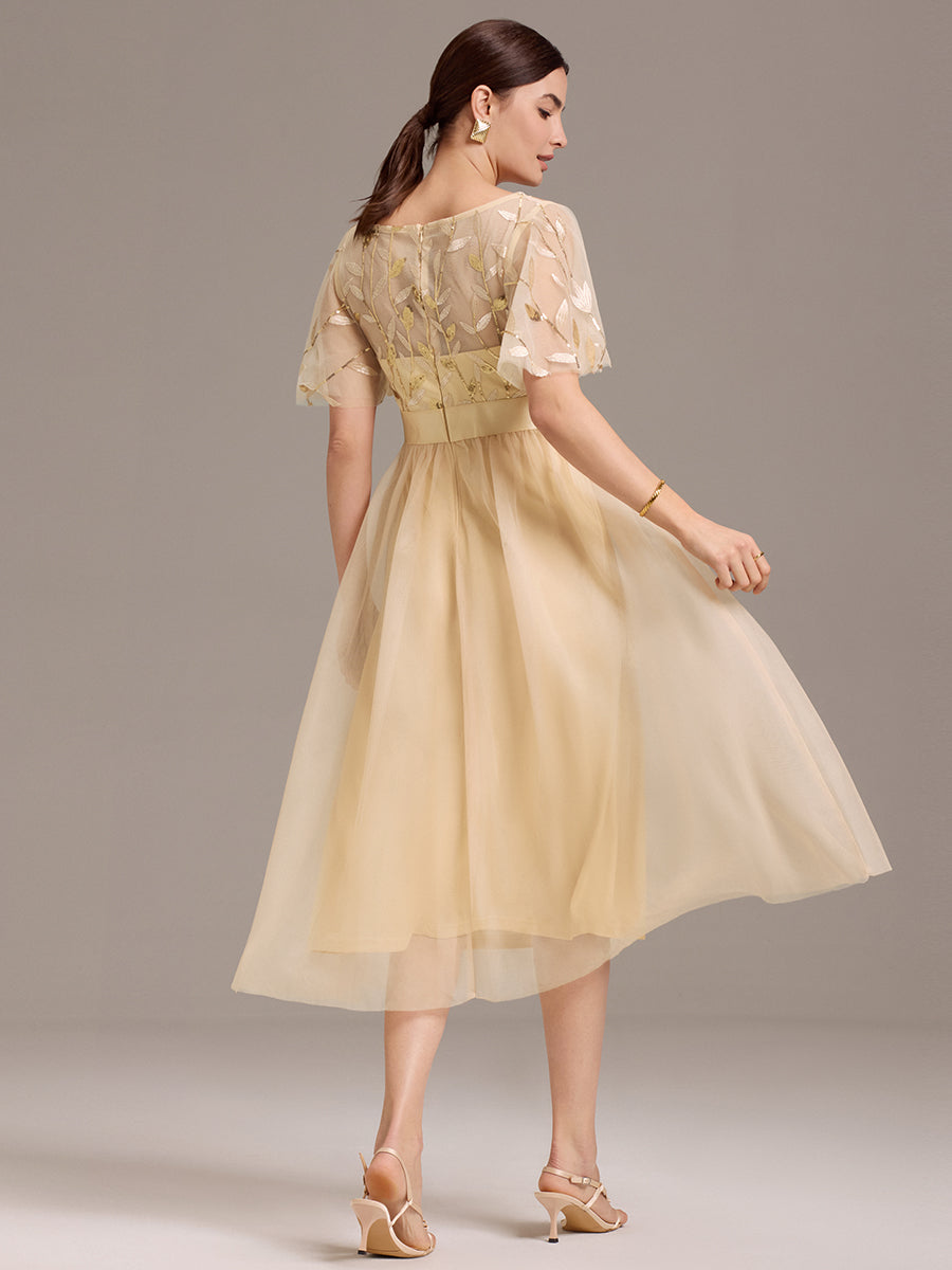 Color=Gold | Bulk Order |Fit A-Line Deep V-Neck Evening Gown | Ruffled Short Sleeve Midi Dress-Gold 12