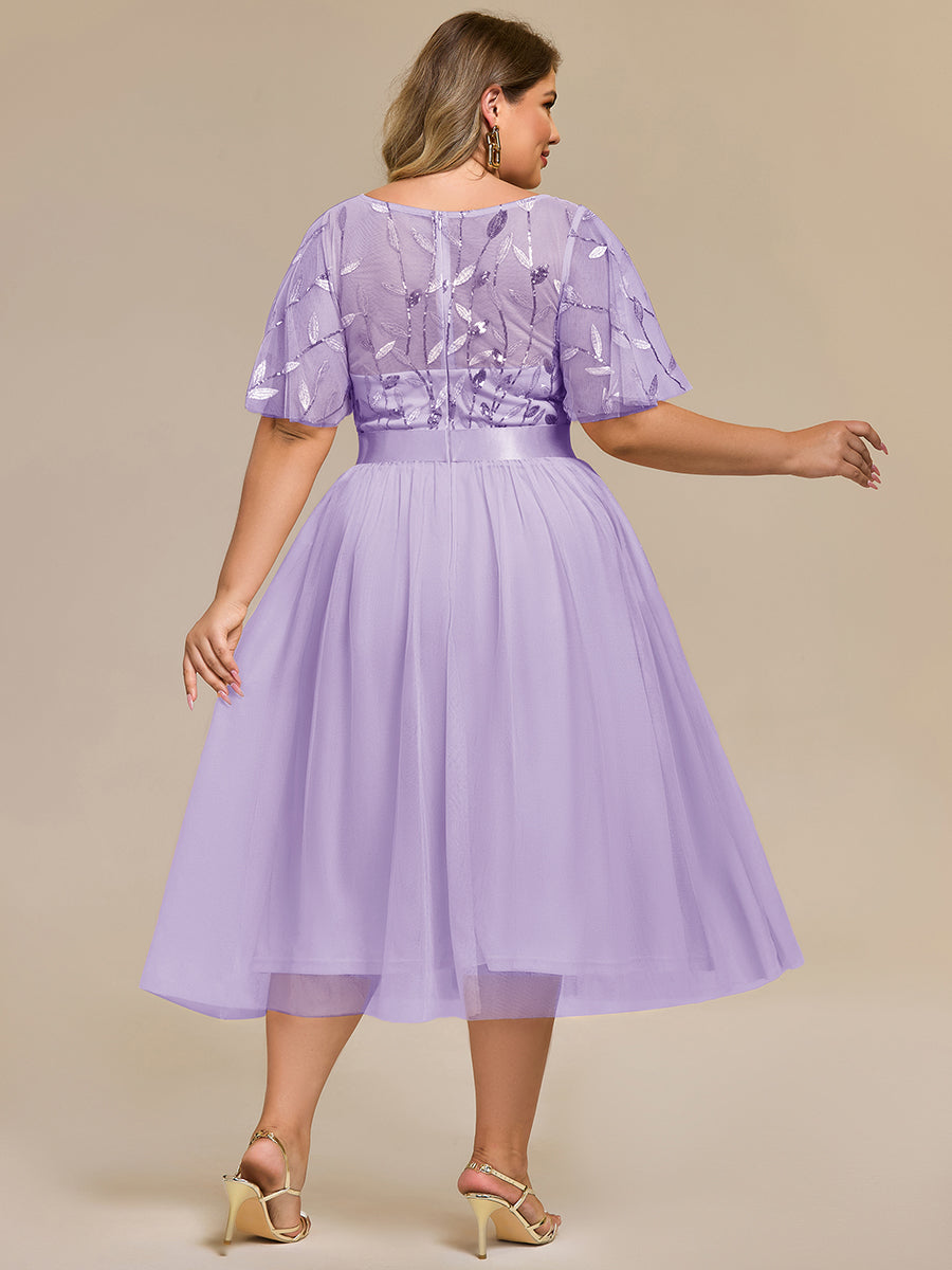 Color=Lavender | Bulk Order | Fit A-Line Deep V-Neck Evening Gown | Ruffled Short Sleeve Midi Dress-Lavender 22