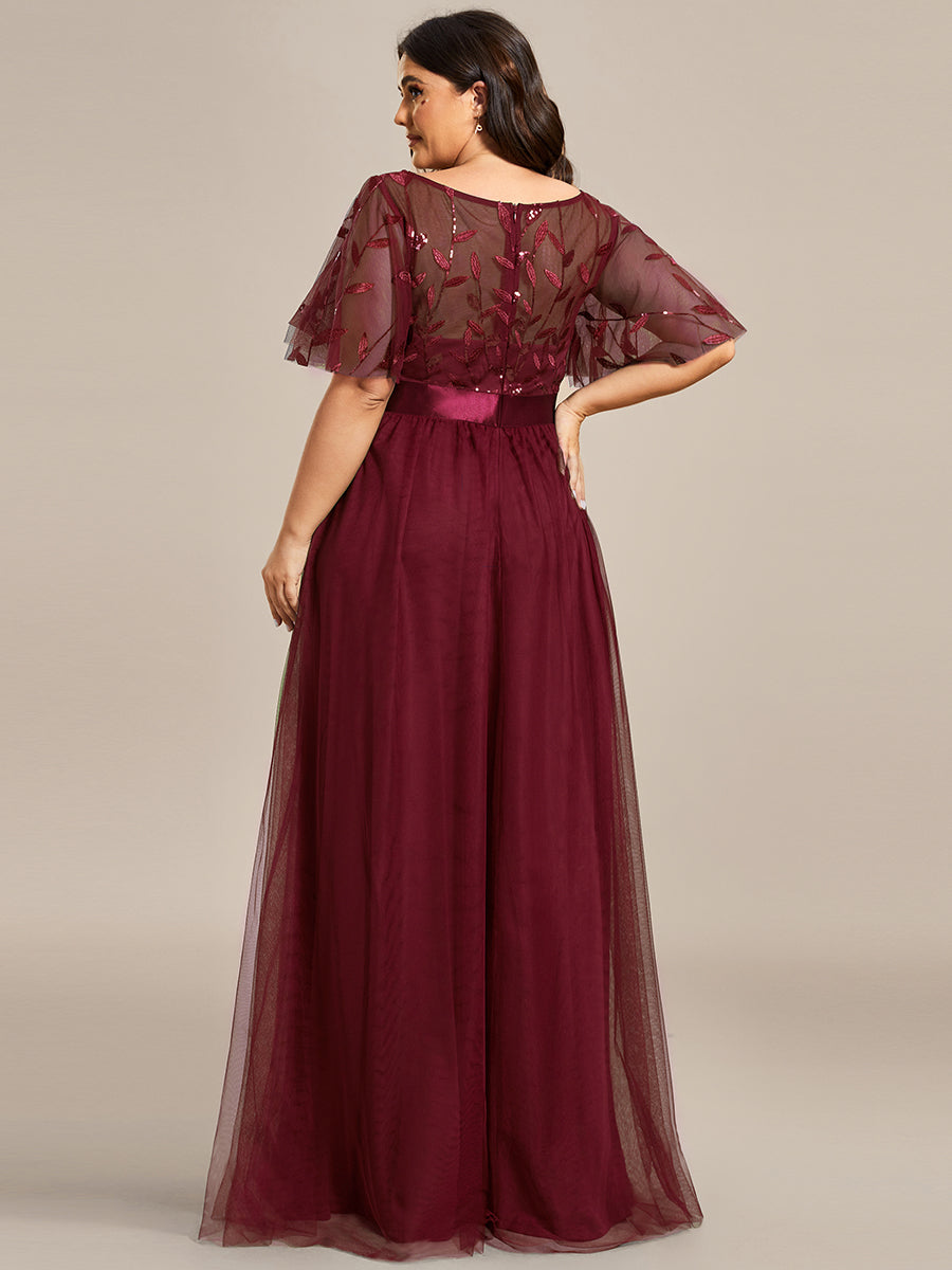 Color=Burgundy | Factory Design Short Sleeve Ruffle Sequin A-Line Floor Length Evening Dresses-Burgundy 7