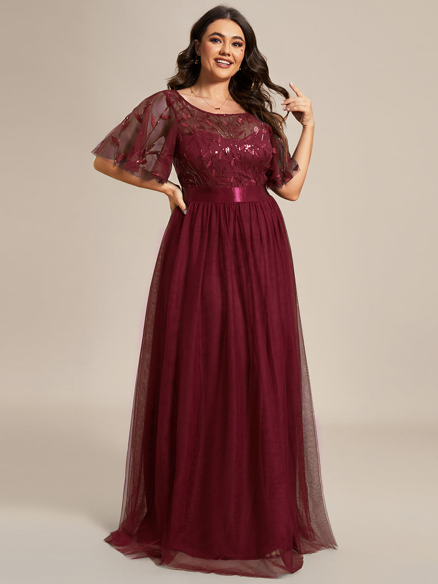 Color=Burgundy | Factory Design Short Sleeve Ruffle Sequin A-Line Floor Length Evening Dresses-Burgundy 9