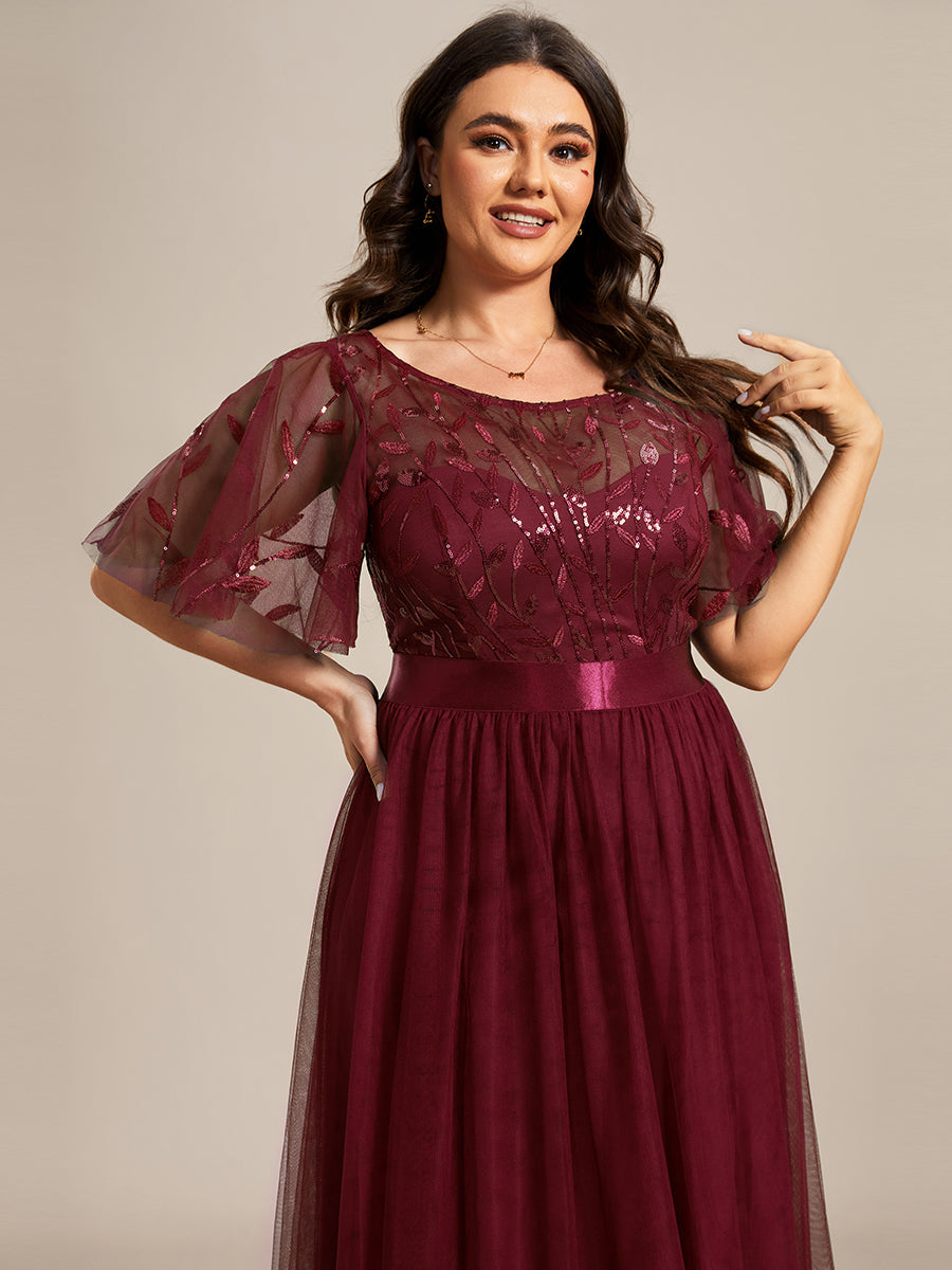 Color=Burgundy | Factory Design Short Sleeve Ruffle Sequin A-Line Floor Length Evening Dresses-Burgundy 8