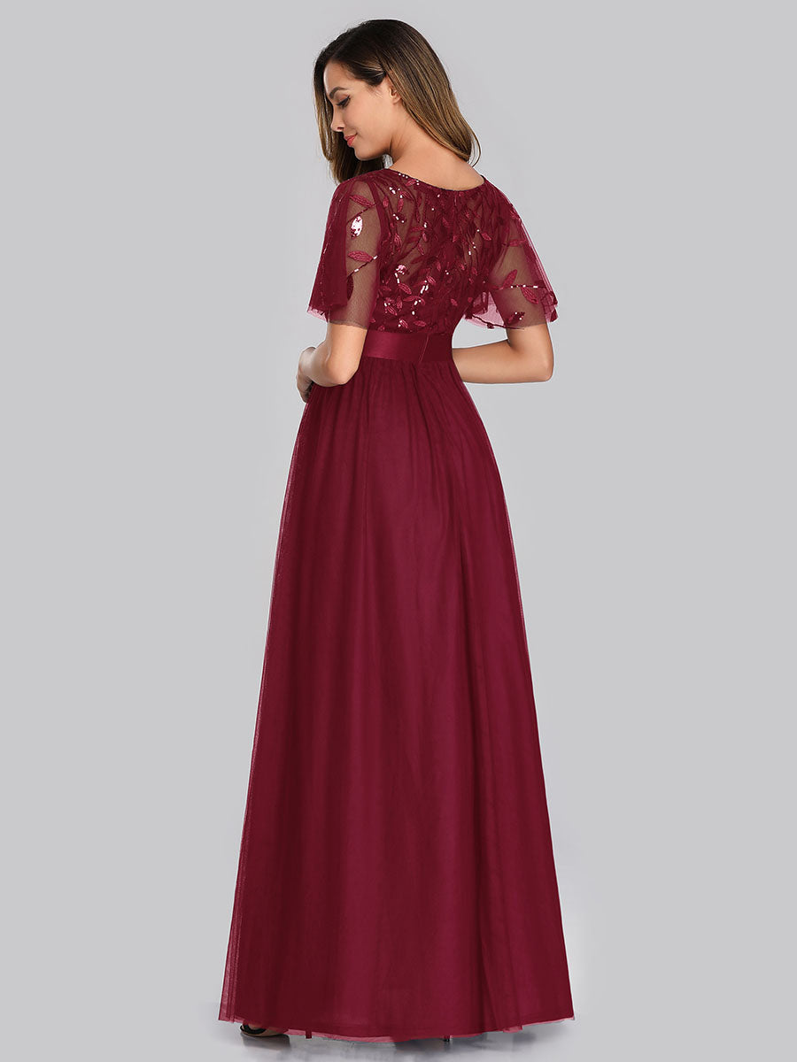 Color=Burgundy | Factory Design Short Sleeve Ruffle Sequin A-Line Floor Length Evening Dresses-Burgundy 2