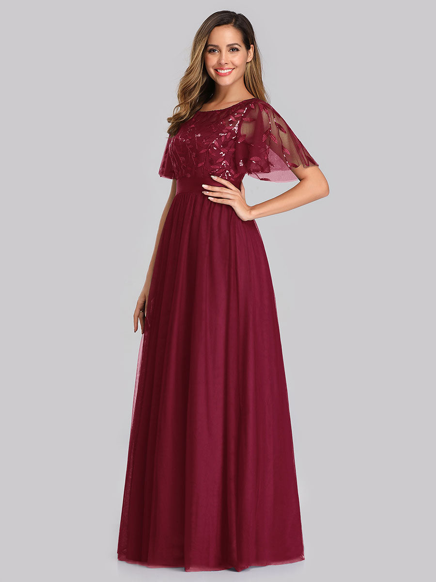 Color=Burgundy | Factory Design Short Sleeve Ruffle Sequin A-Line Floor Length Evening Dresses-Burgundy 4