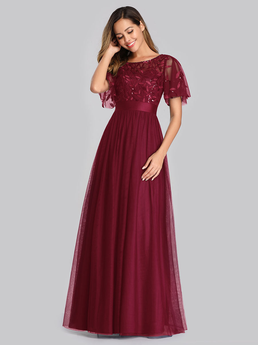 Color=Burgundy | Factory Design Short Sleeve Ruffle Sequin A-Line Floor Length Evening Dresses-Burgundy 5