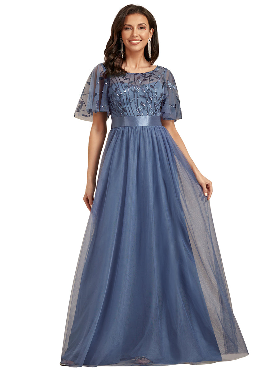 Color=Dusty blue | Factory Design Short Sleeve Ruffle Sequin A-Line Floor Length Evening Dresses-Dusty blue 2