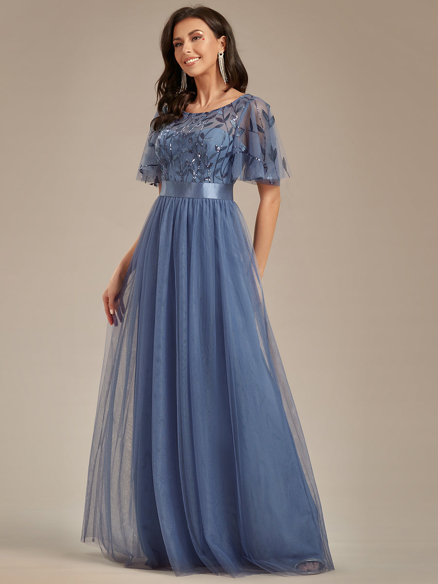 Color=Dusty blue | Factory Design Short Sleeve Ruffle Sequin A-Line Floor Length Evening Dresses-Dusty blue 4