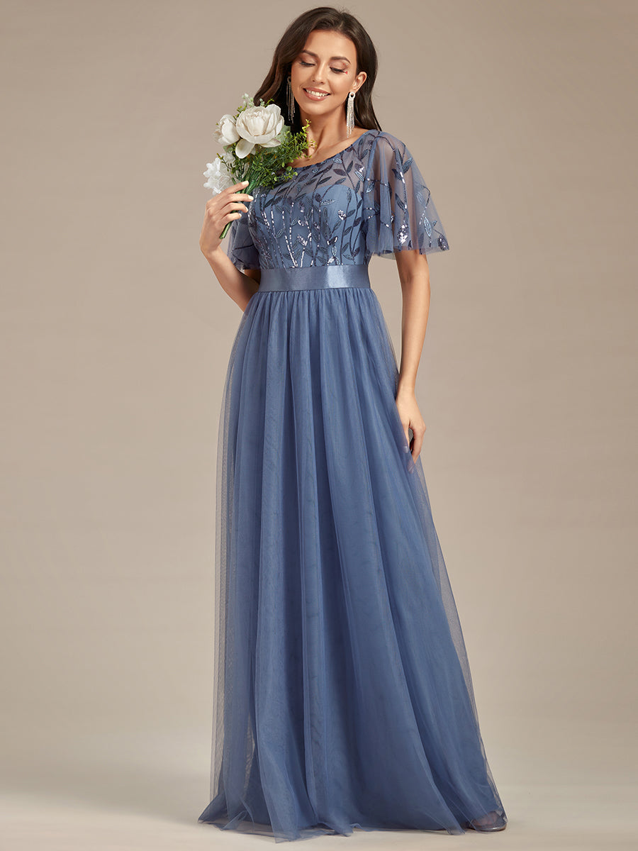 Color=Dusty blue | Factory Design Short Sleeve Ruffle Sequin A-Line Floor Length Evening Dresses-Dusty blue 5