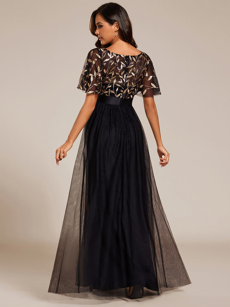 Color=Black Gold | Factory Design Short Sleeve Ruffle Sequin A-Line Floor Length Evening Dresses-Black Gold 2