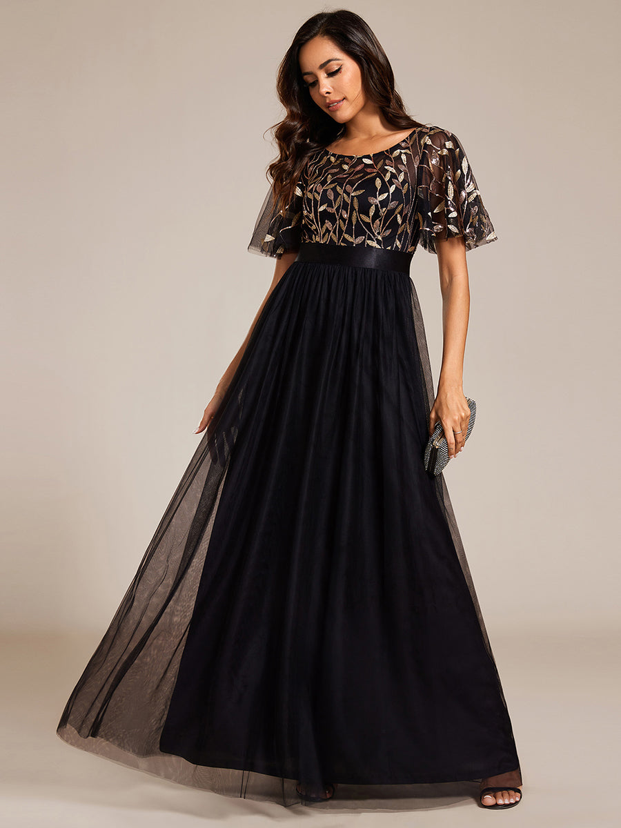 Color=Black Gold | Factory Design Short Sleeve Ruffle Sequin A-Line Floor Length Evening Dresses-Black Gold 4