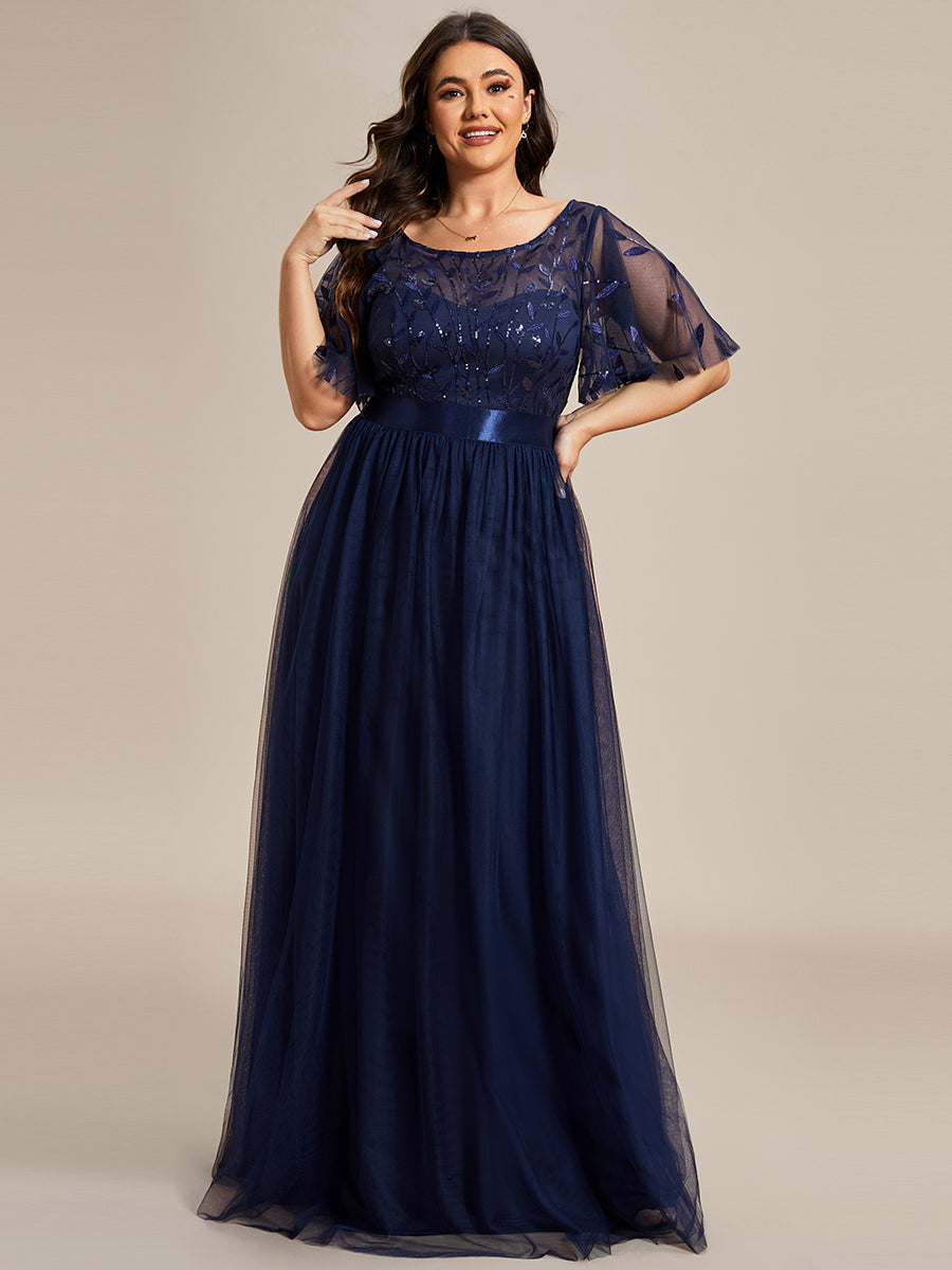 Color=Navy Blue | Factory Design Short Sleeve Ruffle Sequin A-Line Floor Length Evening Dresses-Navy Blue 14