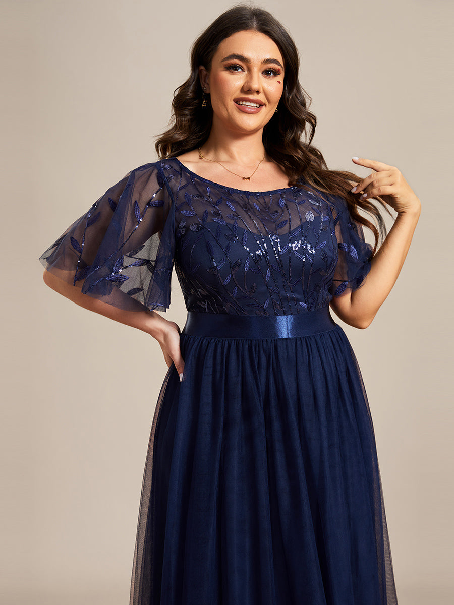 Color=Navy Blue | Factory Design Short Sleeve Ruffle Sequin A-Line Floor Length Evening Dresses-Navy Blue 13