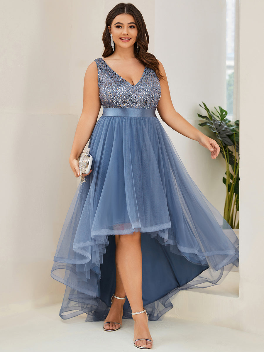 Color=Dusty Blue | Sparkling Wholesale Evening Dresses with Asymmetrical Hem Deep V Neck-Dusty Blue 21