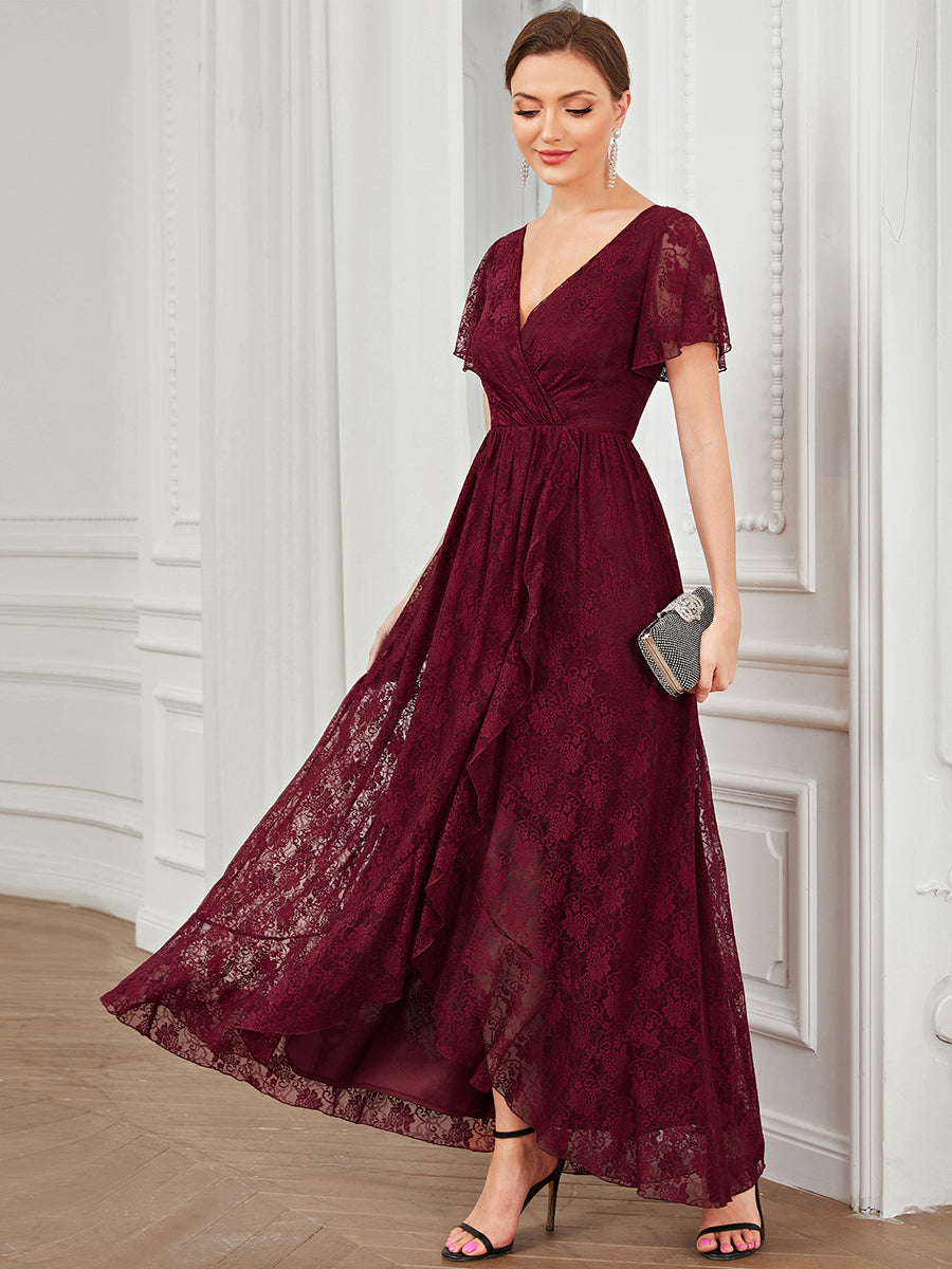 Color=Burgundy | Deep V Neck Short See Through Sleeves A Line Wholesale Evening Dresses-Burgundy 3